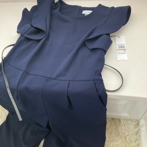 Calvin Klein Ruffle Cap Sleeve Belted Jumpsuit - Picture 6 of 9